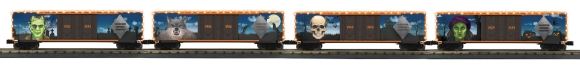 Picture of MTH Halloween 50' Double-Plug-Door Boxcars (4-Pack) w/ LED Lights 