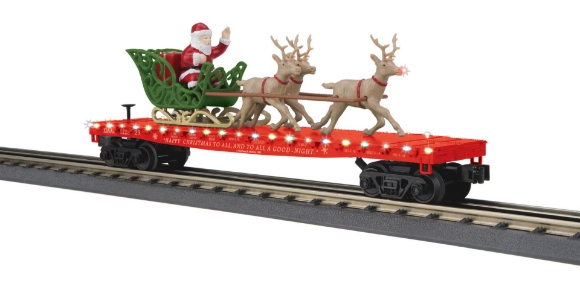 Picture of MTH RailKing Christmas Lighted Flatcar w/ Santa & Reindeer (red)