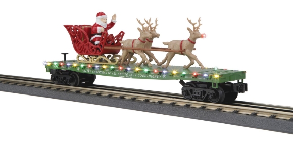 Picture of MTH RailKing Christmas Lighted Flatcar w/ Santa & Reindeer (green)
